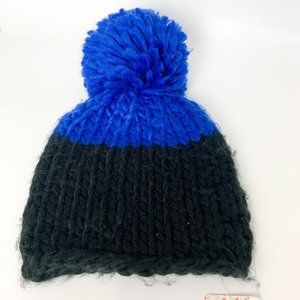 Free People blue black colorblock pom pom chunky knit beanie